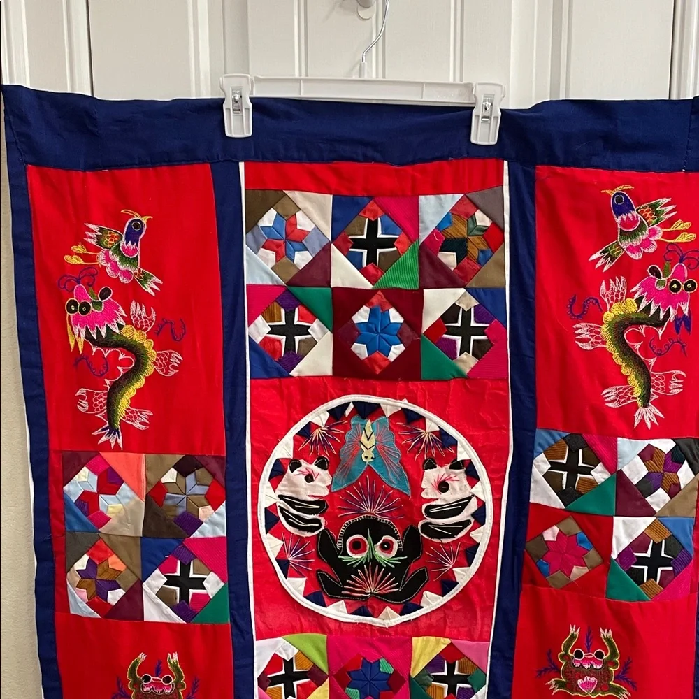 Colorful Patchwork Tapestry with Dragon and Panda Embroidered Design